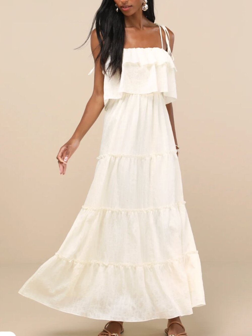 Ivory Textured Tie-Strap Tiered Maxi Dress
